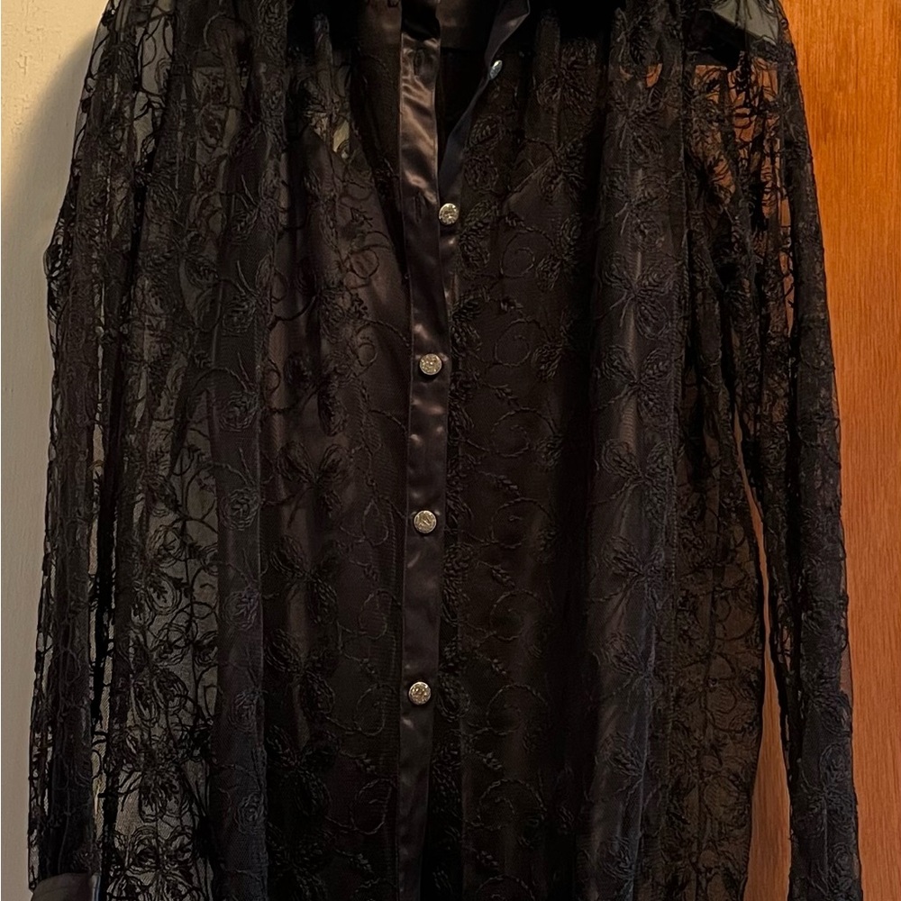 Paul Stuart Elegant Black Lace Blouse, Camisole and Tie Sz M